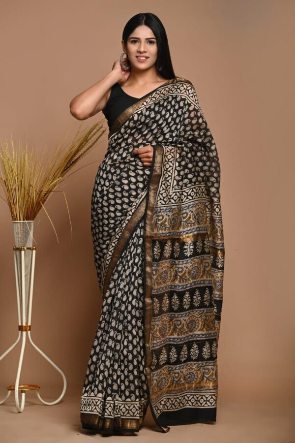 Black Hand Block Print Maheshwari Silk Saree