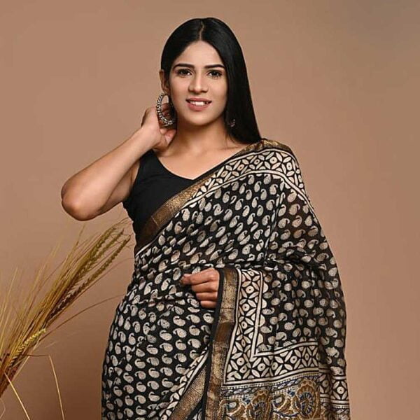 Black Hand Block Print Maheshwari Silk Saree