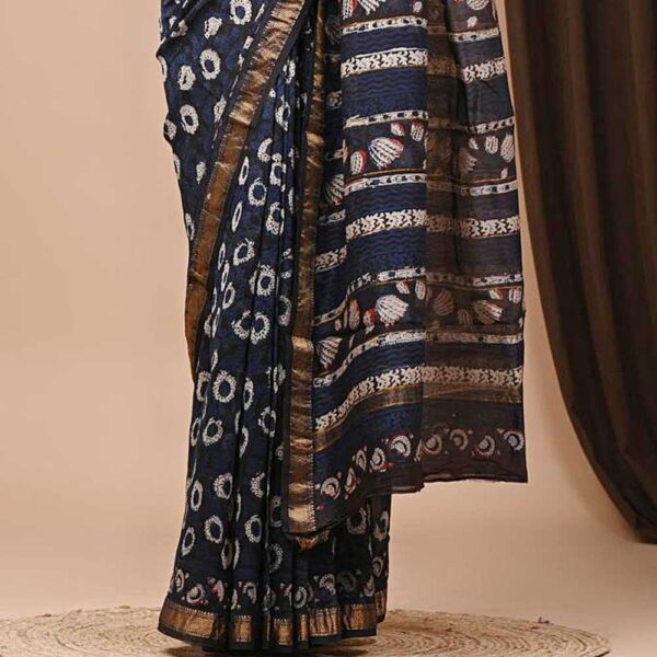 Navy Blue Maheshwari Silk Hand Block Print Saree