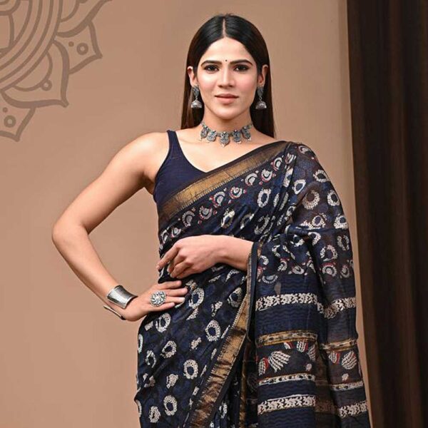 Navy Blue Maheshwari Silk Hand Block Print Saree