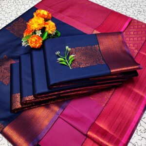 Navy Blue and Pink Soft Silk Saree with Zari Woven Buttas and Zari Woven Border