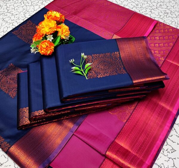 Navy Blue and Pink Soft Silk Saree with Zari Woven Buttas and Zari Woven Border