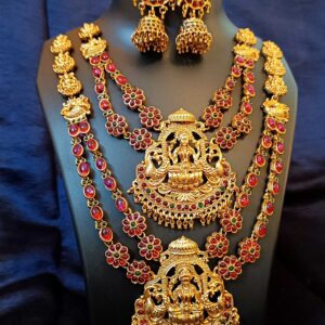 Temple Design Necklace Set with Red and Green Stones