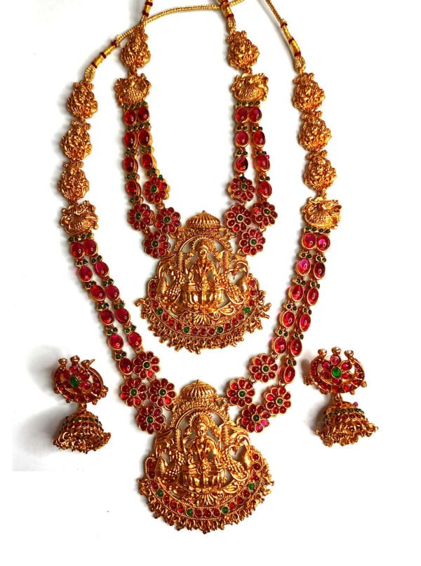 Temple Design Necklace Set with Red and Green Stones