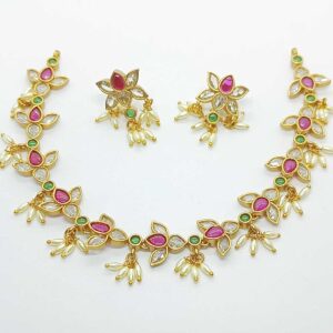 Gold Plated Choker Necklace Set with Red and Green Stones and Pearls