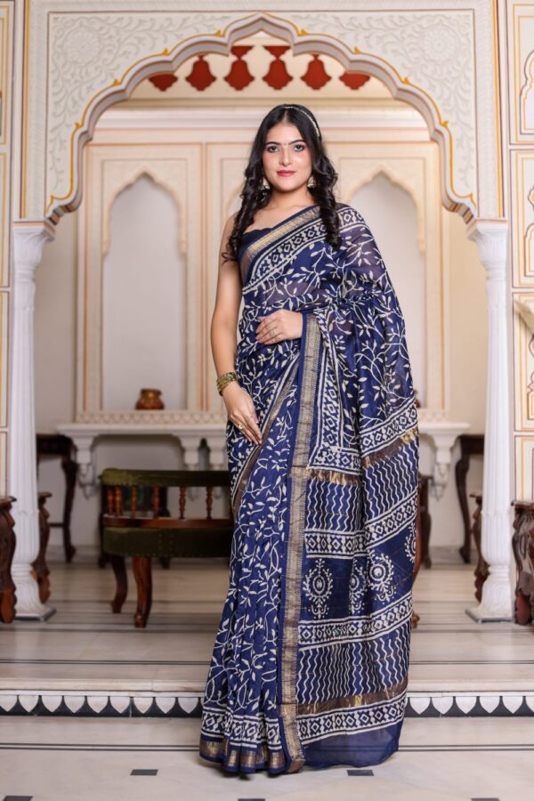 Indigo Maheshwari Silk Hand Block Print Saree