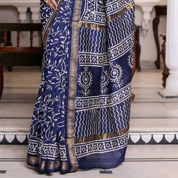 Indigo Maheshwari Silk Hand Block Print Saree