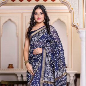 Indigo Maheshwari Silk Hand Block Print Saree