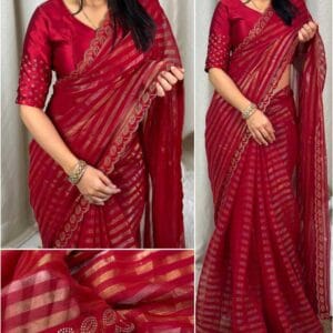 Red Crystal Work Chiffon Shimmer Saree with Cutwork Border