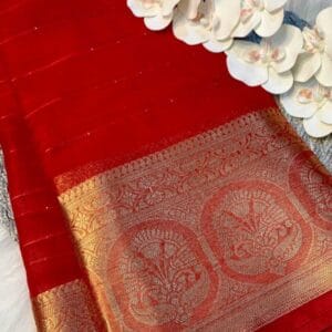 Red Organza Saree with Sequins and Zari Border