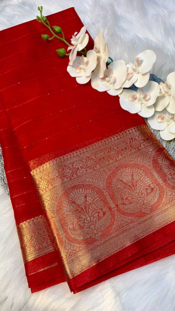 Red Organza Saree with Sequins and Zari Border