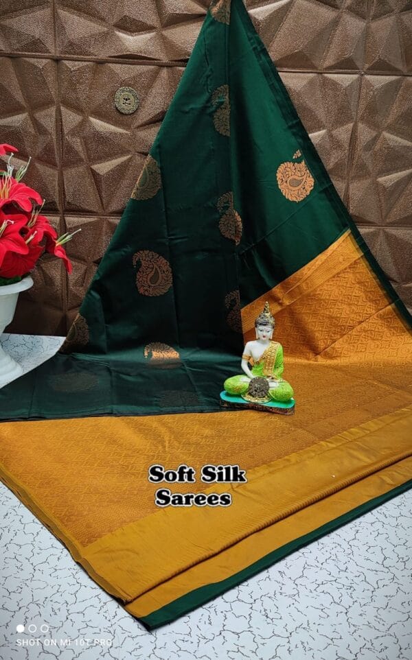 Green and Mustard Borderless Soft Silk Saree