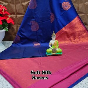 Royal Blue and Pink Borderless Soft Silk Saree