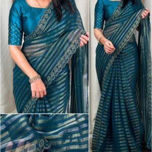 Teal Blue Crystal Work Chiffon Shimmer Saree with Cutwork Border