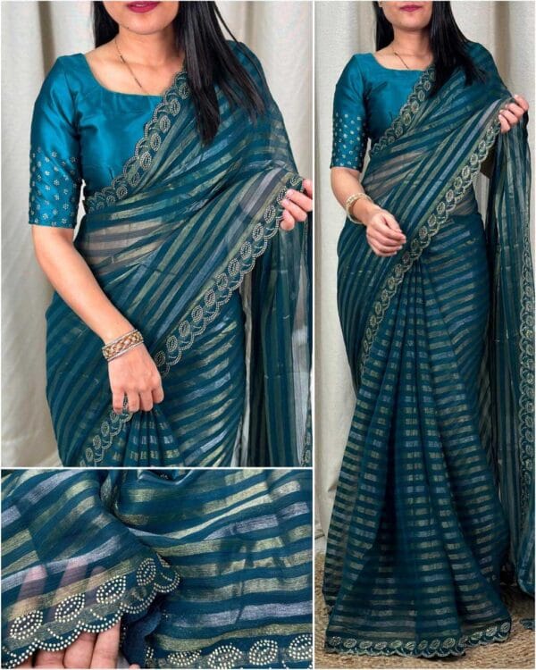 Teal Blue Crystal Work Chiffon Shimmer Saree with Cutwork Border