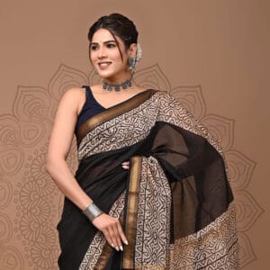 Black Paisley Maheshwari Silk Hand Block Print Saree