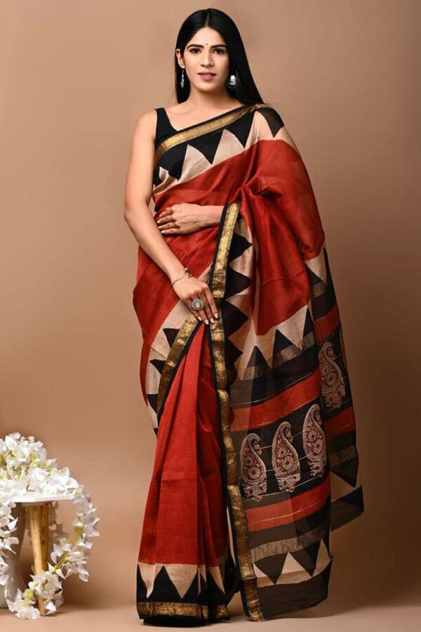 Red and Black Maheshwari Silk Hand Block Print Saree - Image 2