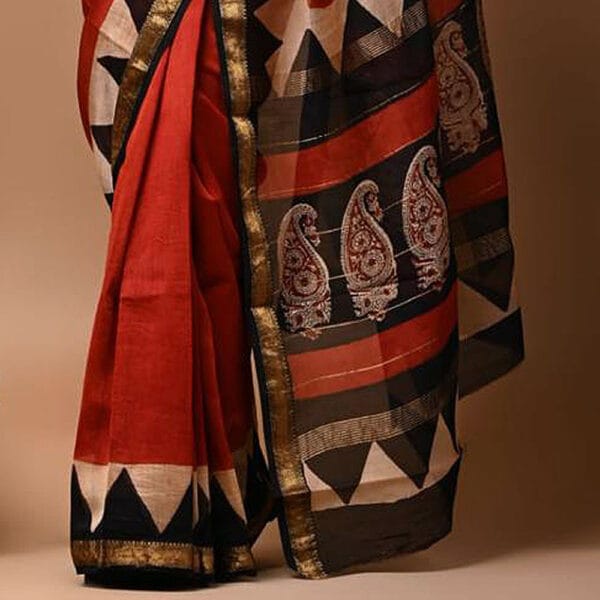 Red and Black Maheshwari Silk Hand Block Print Saree - Image 3