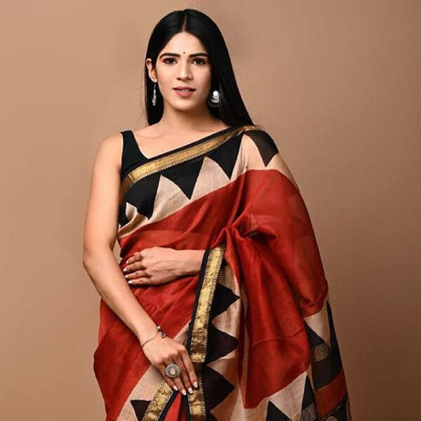 Red Maheshwari Silk Hand Block Print Saree
