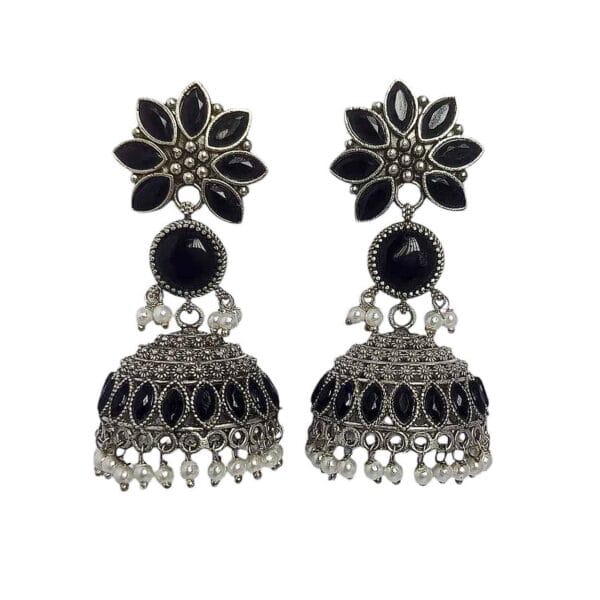 Resham Jhumka Earrings Black - Image 2